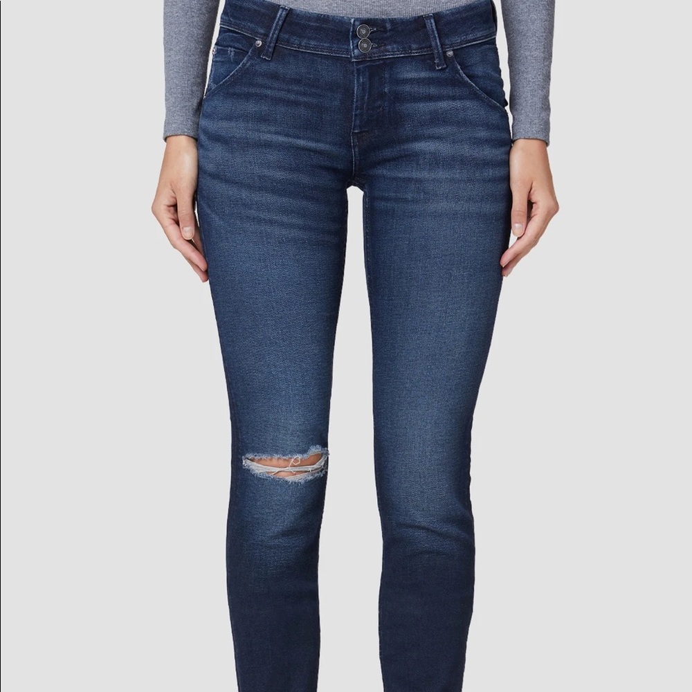 Hudson Collin Mid-Rise Skinny Jean in dark indigo Campus features size 27